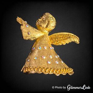 Vintage Dodds Angel Brooch With AB Rhinestones Gold Tone Praying Child Pin